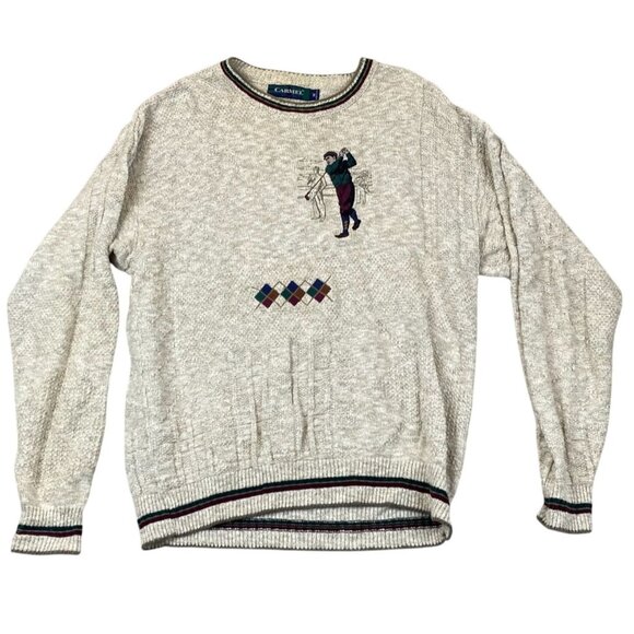 Carmel Mens Sweater Medium Pullover Knit Embroidered Vintage Golfer Argyle Beige - Picture 1 of 13